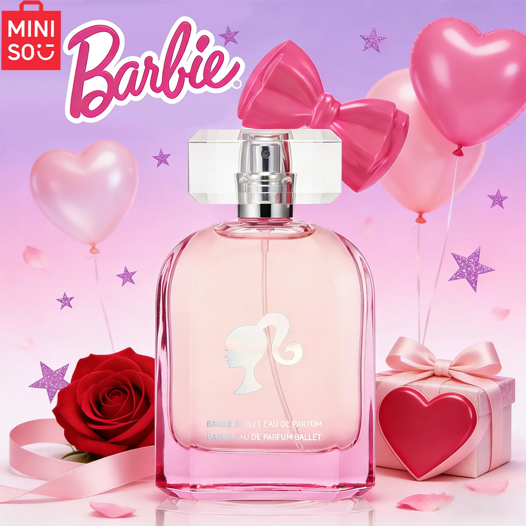 MINISO x Barbie Ballet EDP: Pink glass perfume bottle with bow cap, floral fruity designer fragrance for women, 75ml.