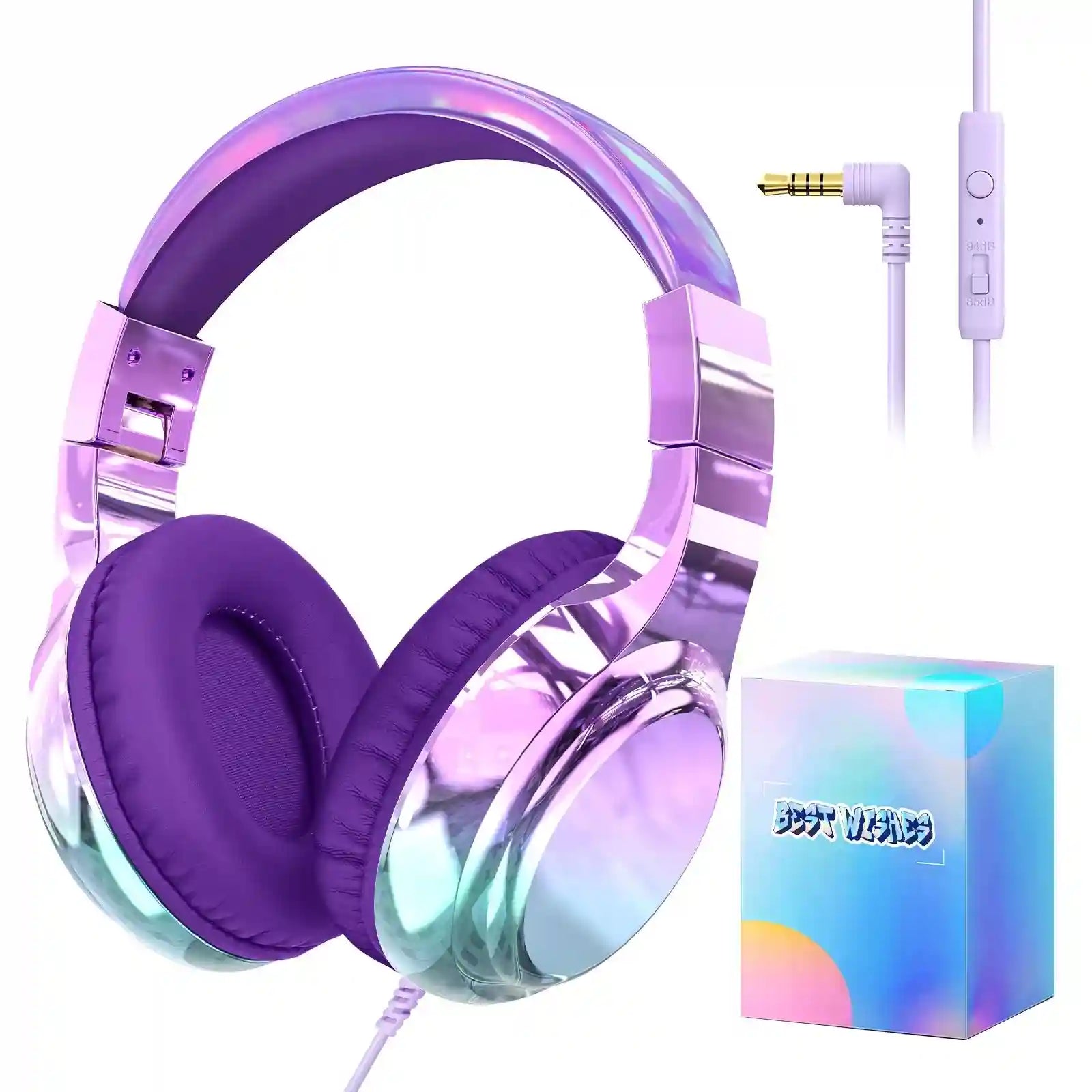 Wired Kids Headphones with Mic | Volume Limited Over-Ear Stereo DeepPurple with BOX Tidesmit