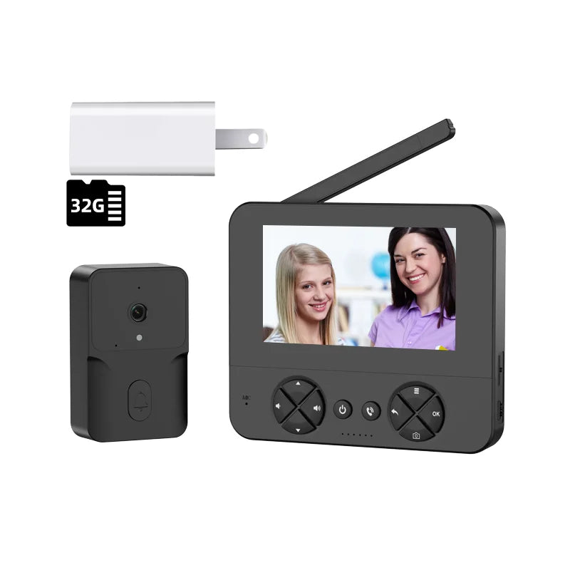 Wireless video doorbell set with black outdoor camera and indoor monitor, 32GB