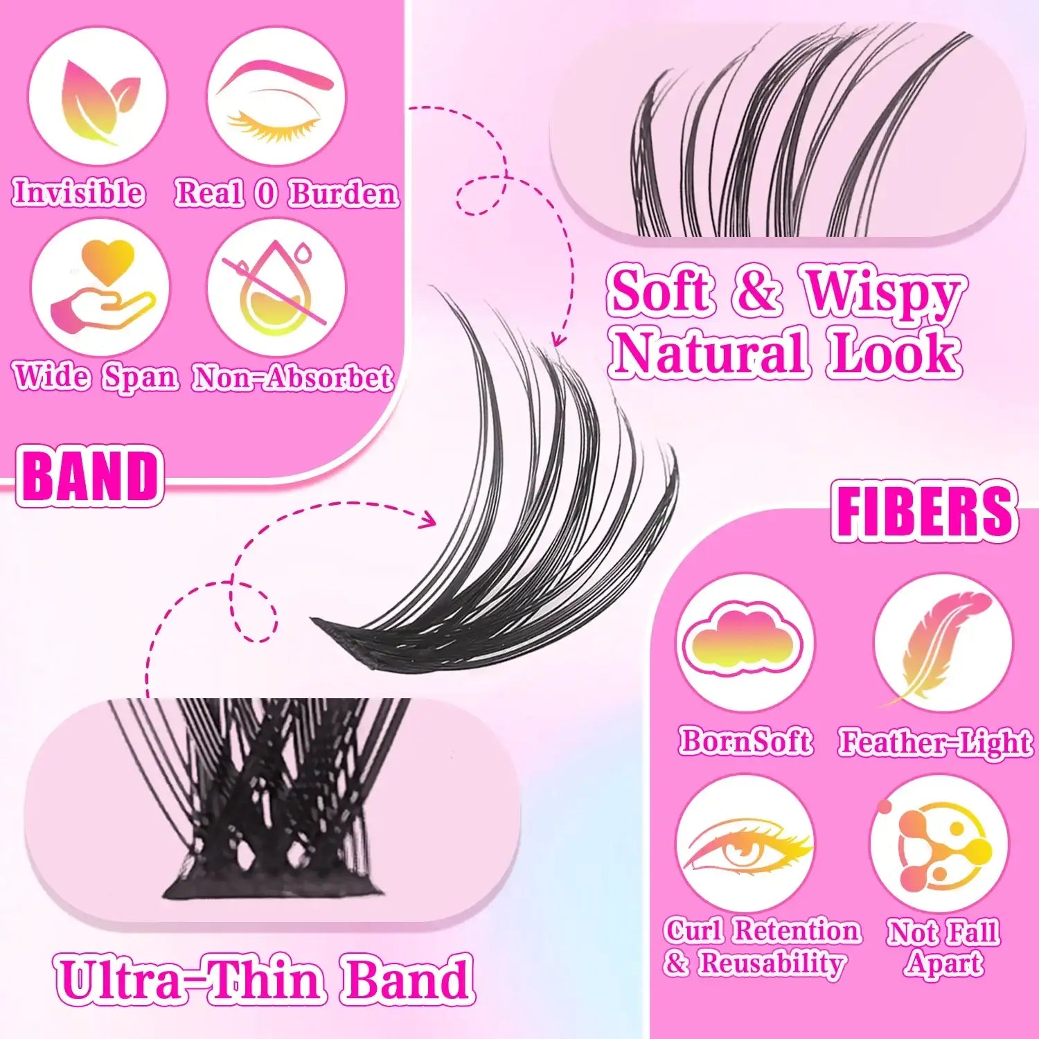 Tidesmit ultra-lightweight black cluster lashes on a thin, invisible band for a soft, wispy natural look.