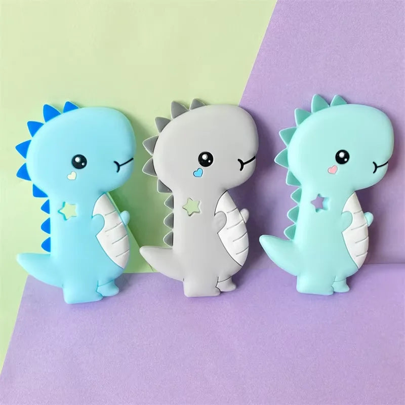 Blue, gray, and mint silicone dinosaur baby teething toys for soothing relief.