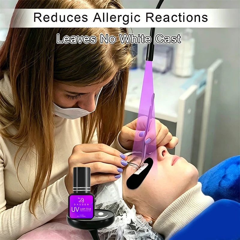 Dassen 5ml UV eyelash extension glue bottle, purple label, clear adhesive, used by technician with violet UV light.