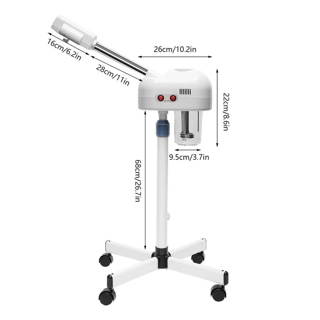 Professional 750ml white facial steamer with adjustable stand, rolling wheels, and ozone sprayer for spa skin care.