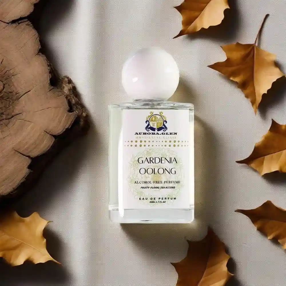Aurora.Glen Gardenia Oolong EDP, unisex floral tea scent in a rectangular glass bottle with a white round cap.