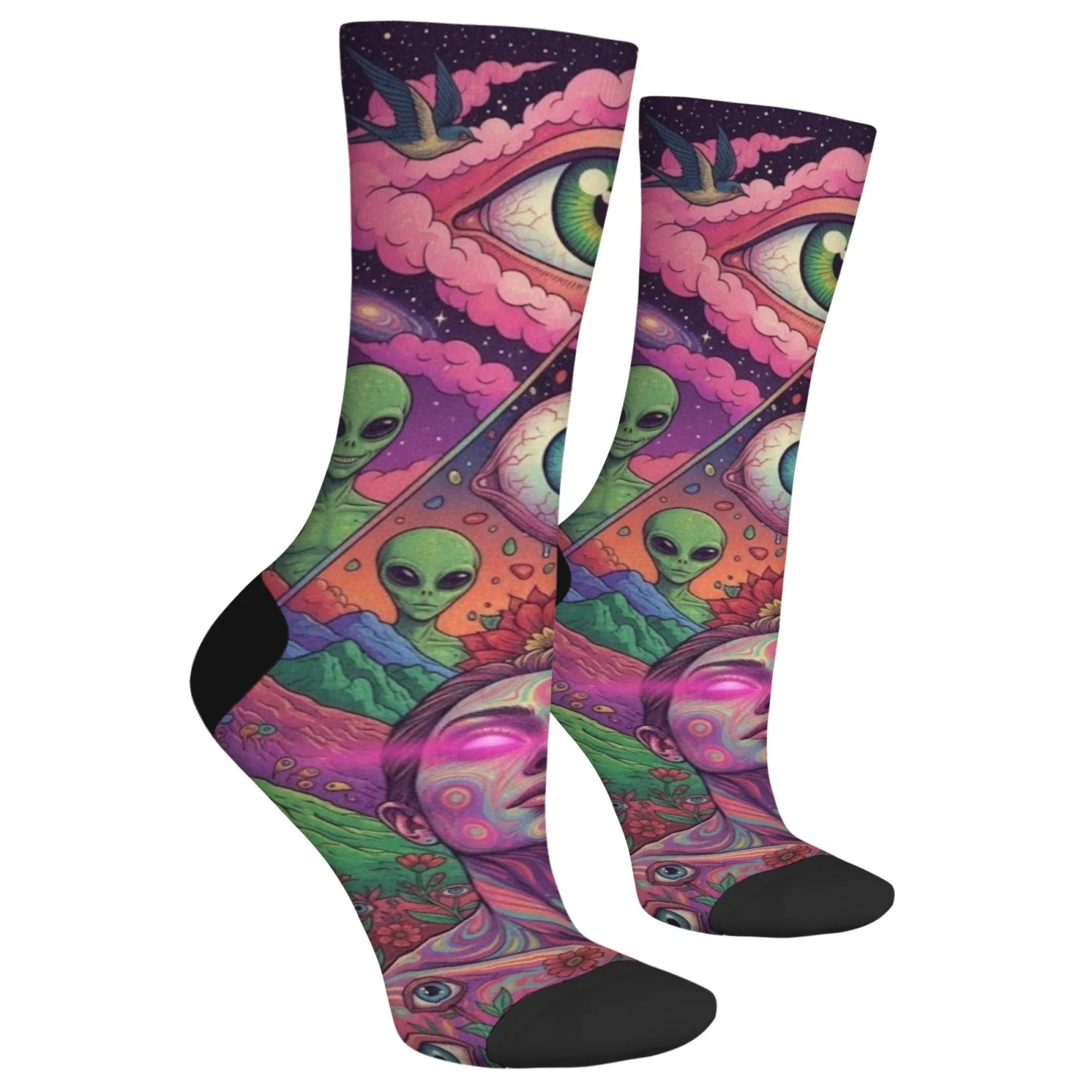 Mystery Eyes Happy Alien Psychedelic Socks Casual Fashion Men's Socks Novelty Funny Compression Socks Crazy Street Hip-Hop Socks