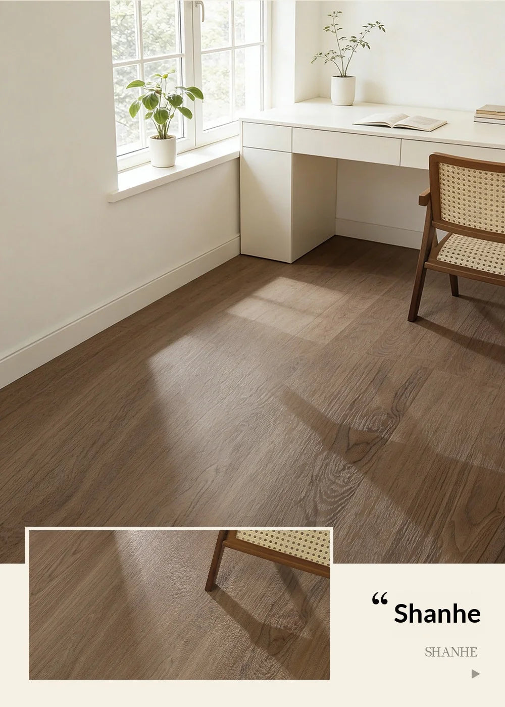 Medium brown woodgrain vinyl flooring planks in a sunlit corner
