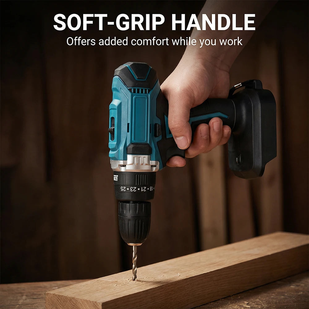 Podofo 21V Lithium Cordless Electric Screwdriver Set Brush Motor 25 Plus 3 Speed Impact Drill Tool With LED Light Two Rechargeable Batteries