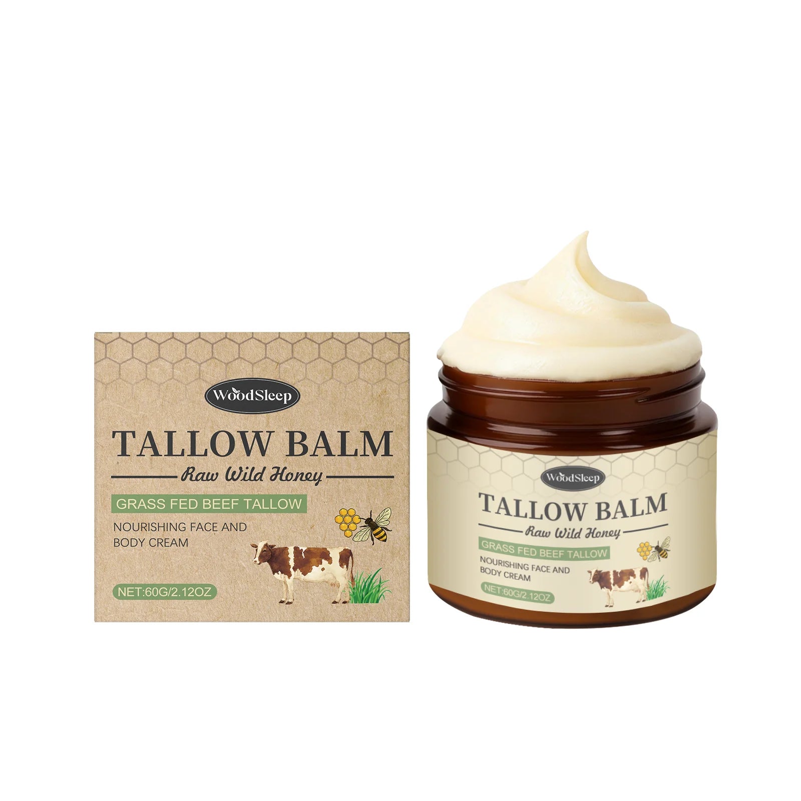 Woodsleep Organic Grass-Fed Beef Tallow Balm with Raw Honey Deep Hydration Face Body Care Smooth Soft Beef Tallow Honey Balm 60g