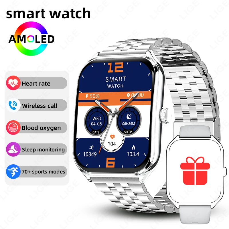 AMOLED smartwatch with silver metal bracelet strap and blue analog-style watch display