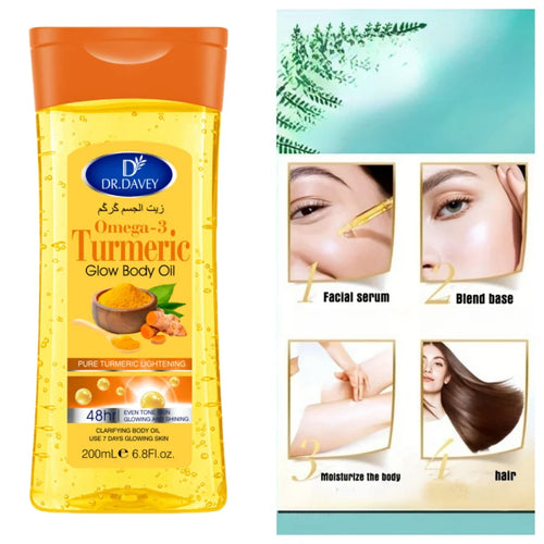 Turmeric glow body oil bottle with orange cap and yellow oil, 200ml