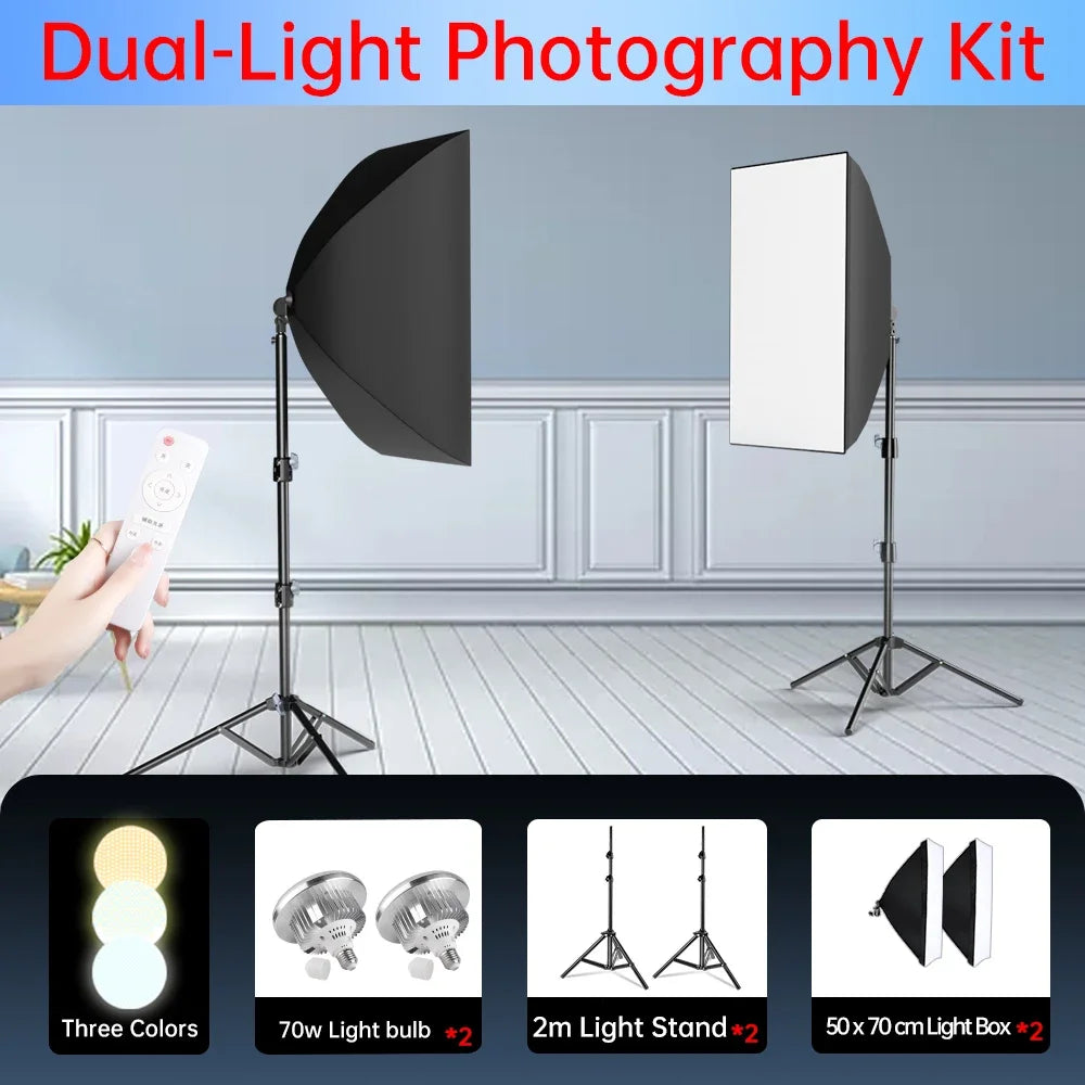 Dual softbox photography lighting kit with two stands and panels