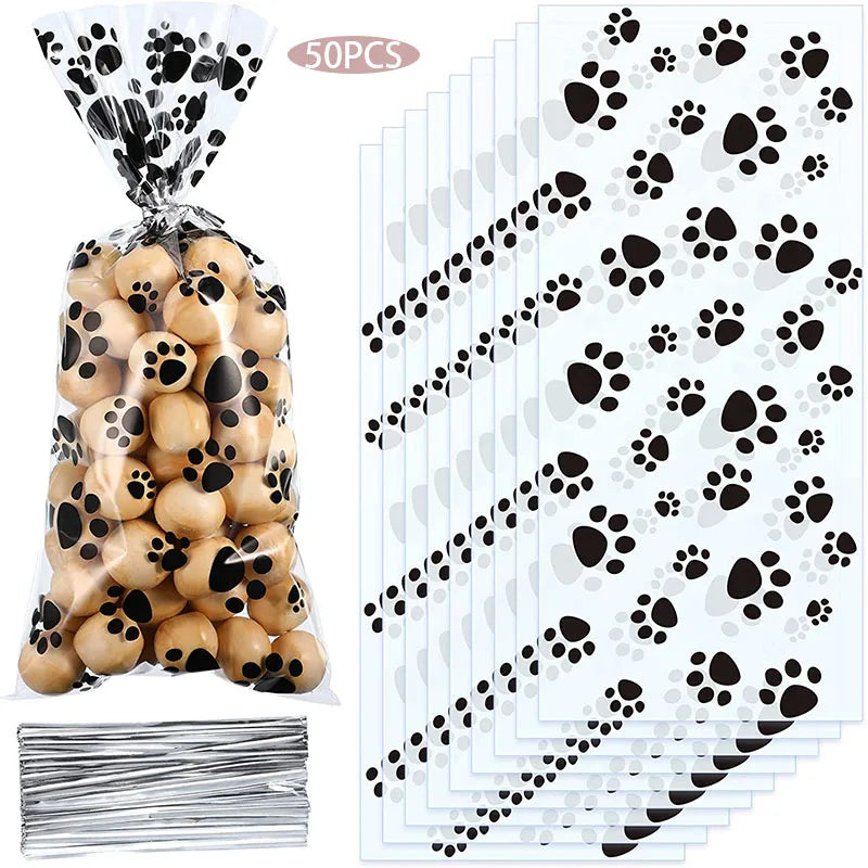 50pcs clear cellophane pet paw print treat bags for cat or dog birthday party favors and heat-sealable gift packaging.