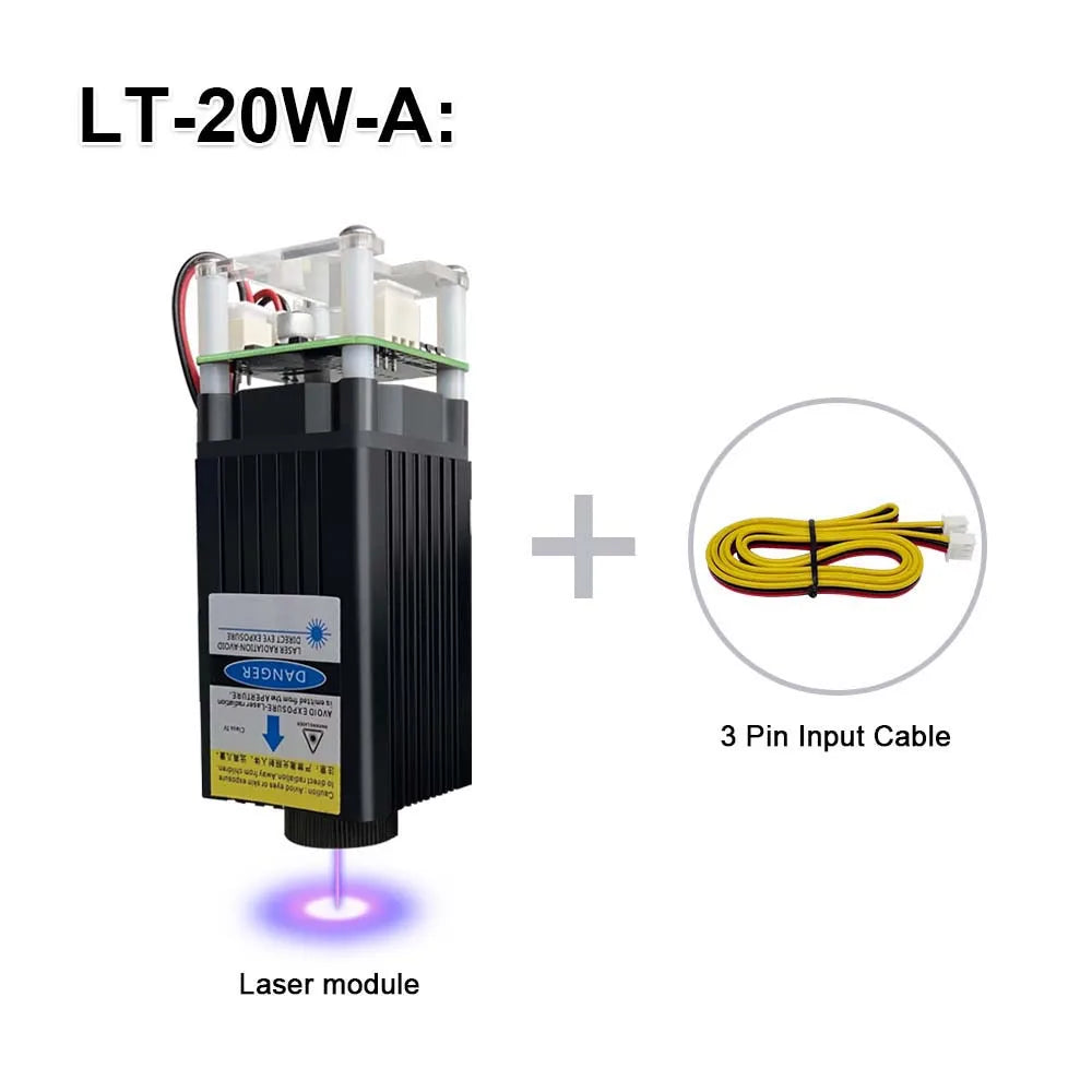 20W laser module with 3-pin input cable shown with callout magnifier