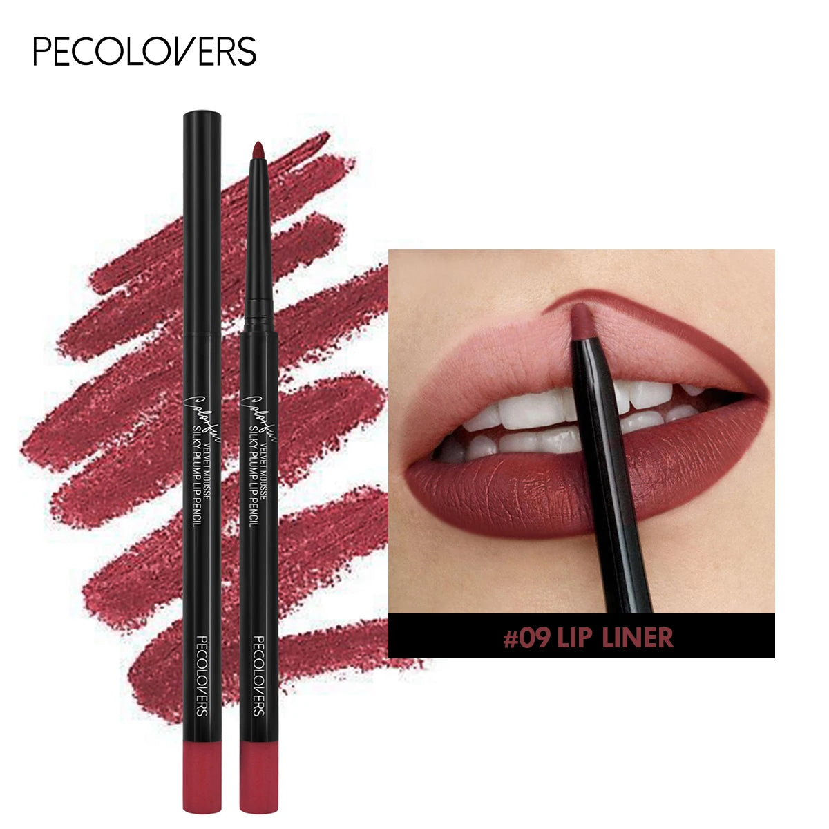 PECOLOVERS waterproof matte lip liner pencil #09, long-lasting smudge-proof velvet mousse makeup for precise definition.