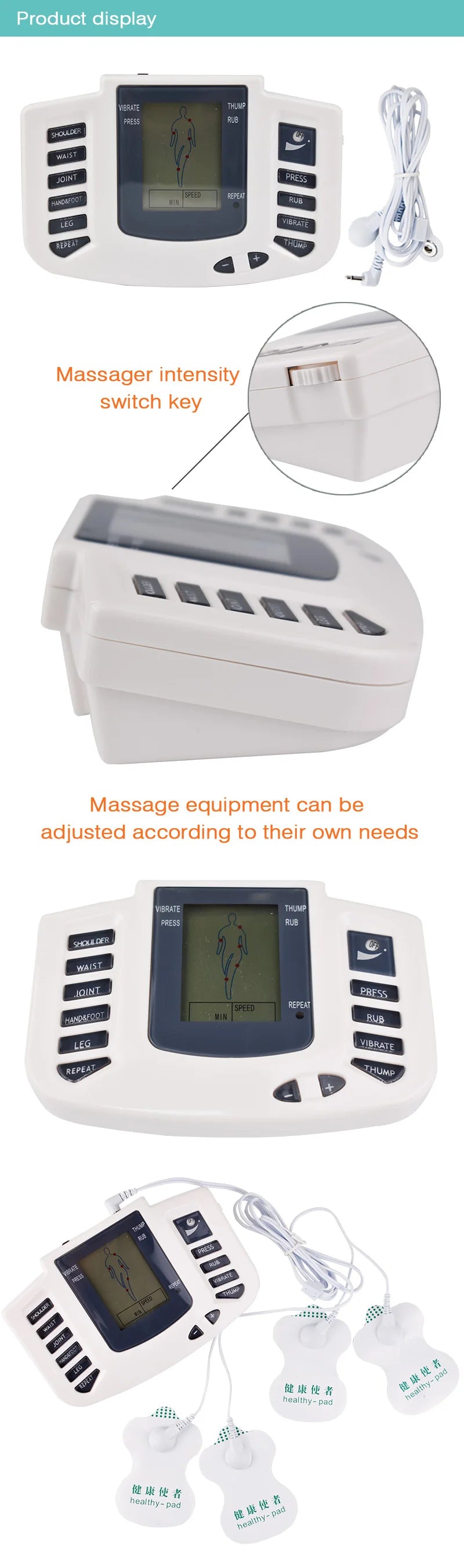 TENS Muscle Stimulator 16-Pad System with 10 Intensity Levels Massage Cushion Tidesmit