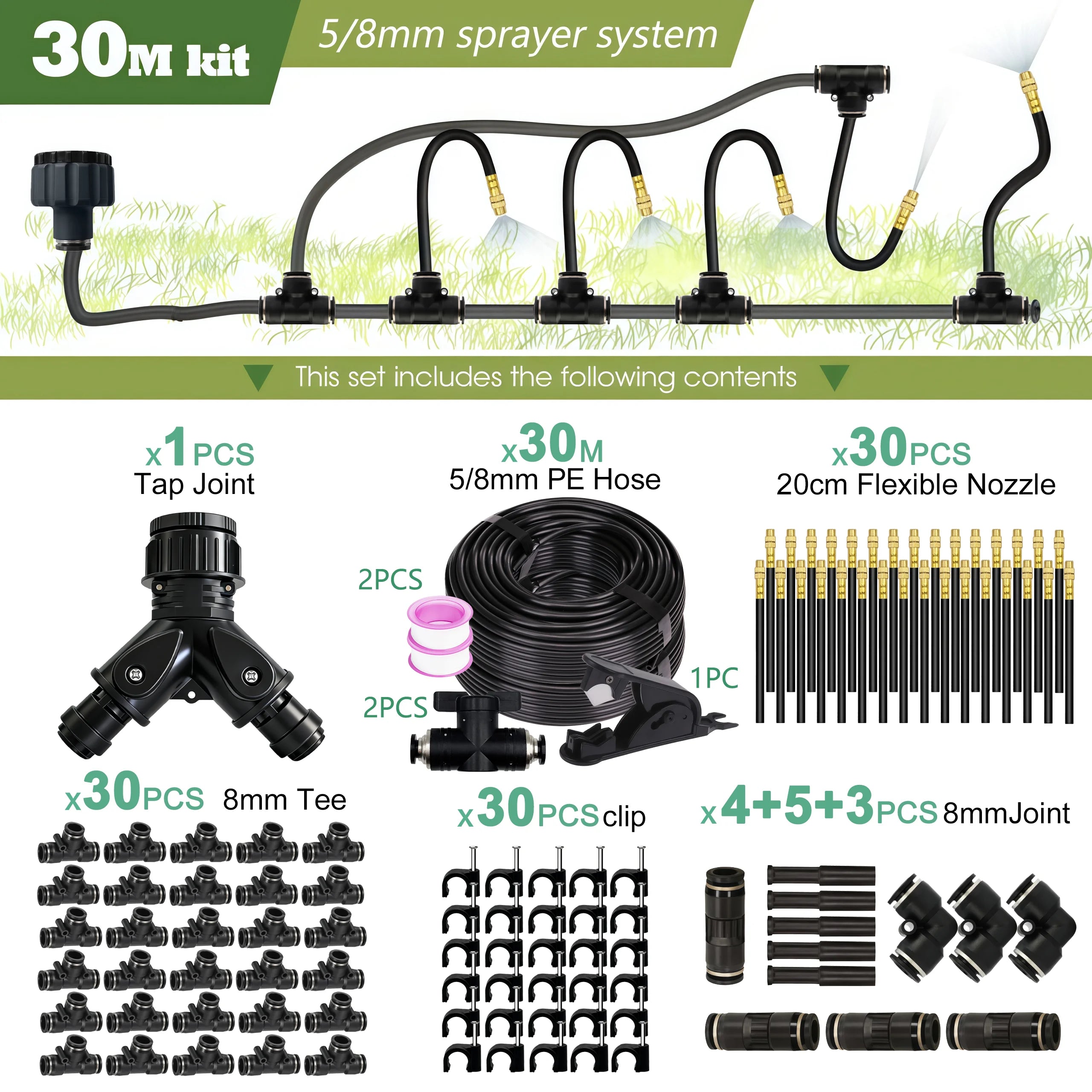 Garden 5 30M 8mm PE Hose 20cm 360 Bending Brass Nozzle Spray Kit Atomized Automatic Irrigation Equipment Plants Mist Watering System