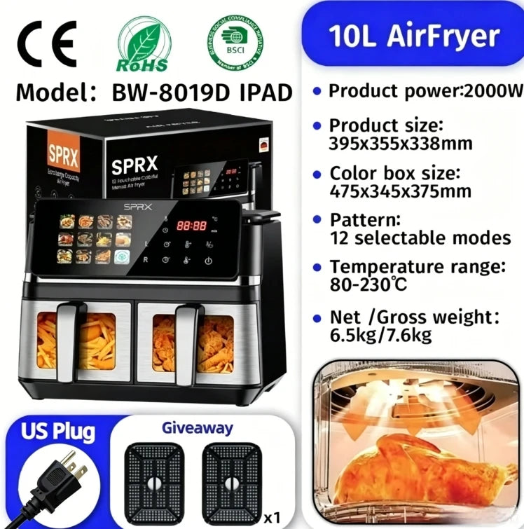 10L High-Quality Digital Air Fryer Smart Oven with Touch Screen Stainless Steel Multifunctional Oil-Free Food Preparation Applia
