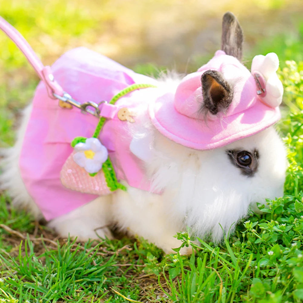 Cute white bunny wearing a pink harness vest, hat, and leash set for safe outdoor walking and stylish pet apparel.