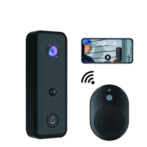 Wireless video doorbell with circular chime receiver, black housing and camera lens