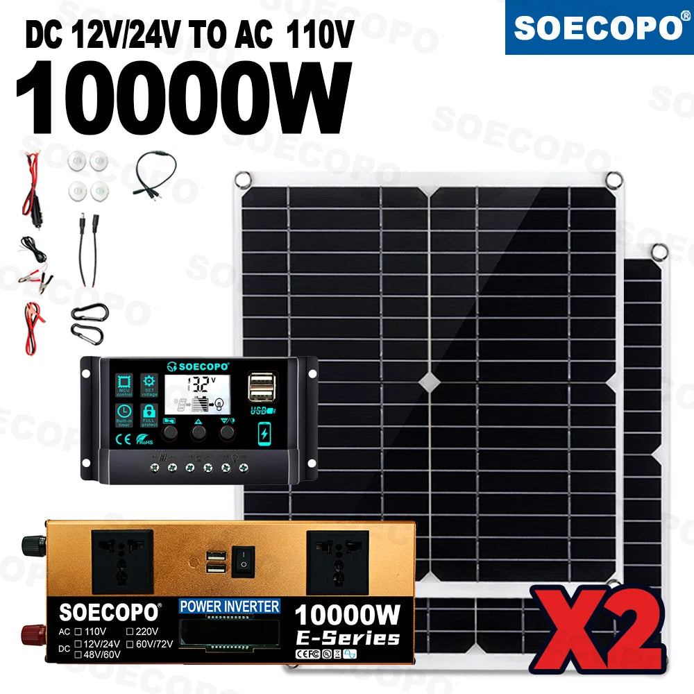 SOECOPO10000W Peak Solar System Kit 2x300W Solar Panels DC 12V 24V - AC 110V/220V Inverter 100A Controller for Home Camping