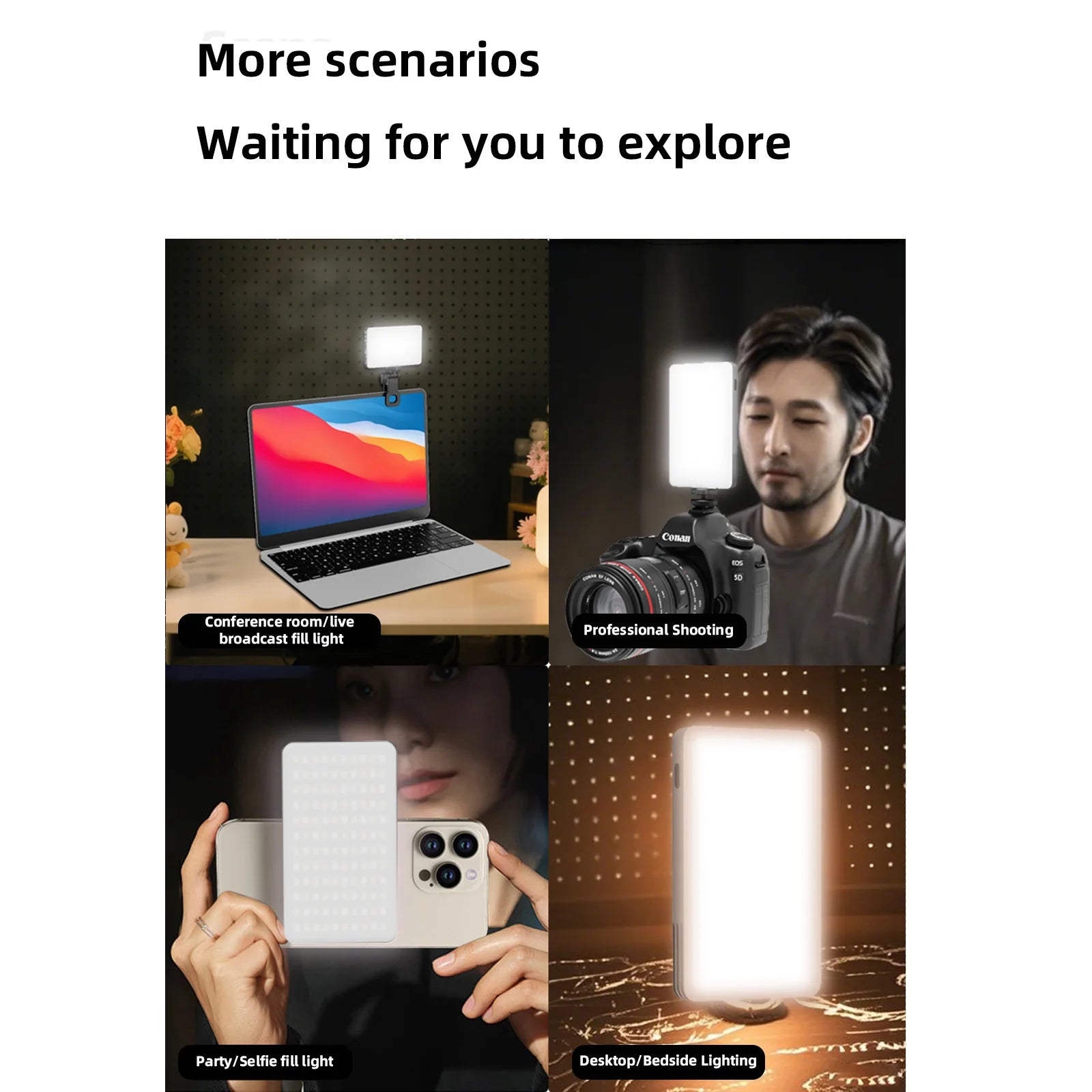 Small rectangular LED fill light panel attached to a laptop, camera, smartphone, and stand for photography and video.