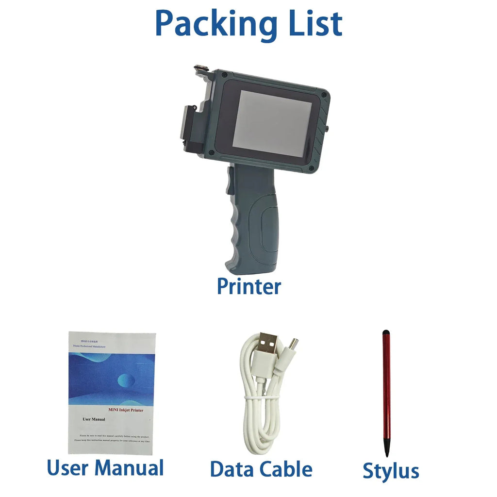 Handheld inkjet coding printer shown with user manual, cable, and stylus