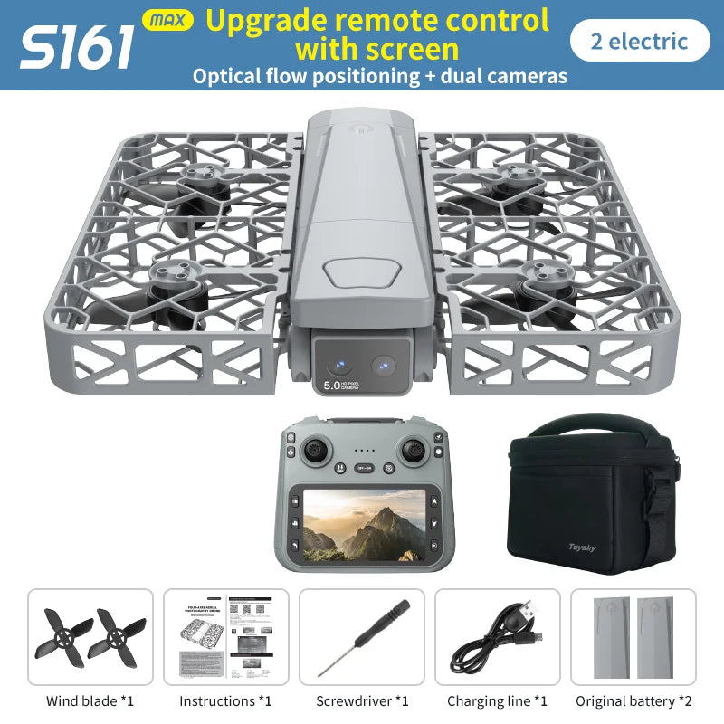 Gray S161 foldable drone with protective prop guards, remote control with screen, carry case, and accessories.