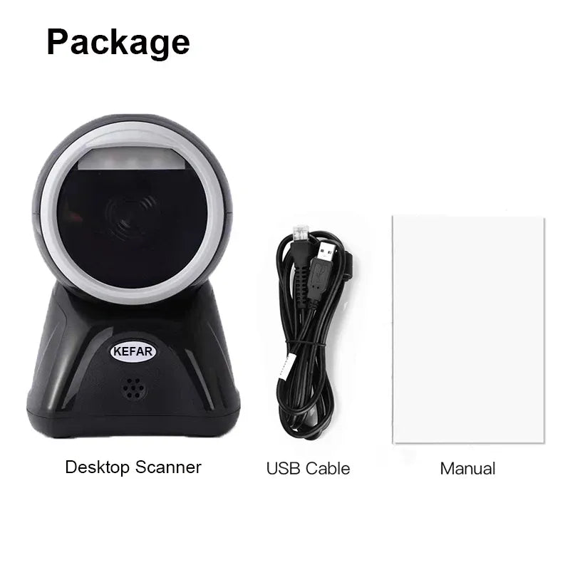 Black desktop barcode scanner with USB cable and manual