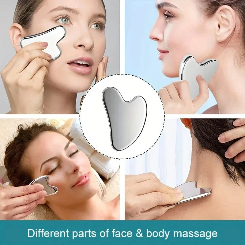 A collage showing people using a silver, heart-shaped stainless steel gua sha tool for facial and body massage.