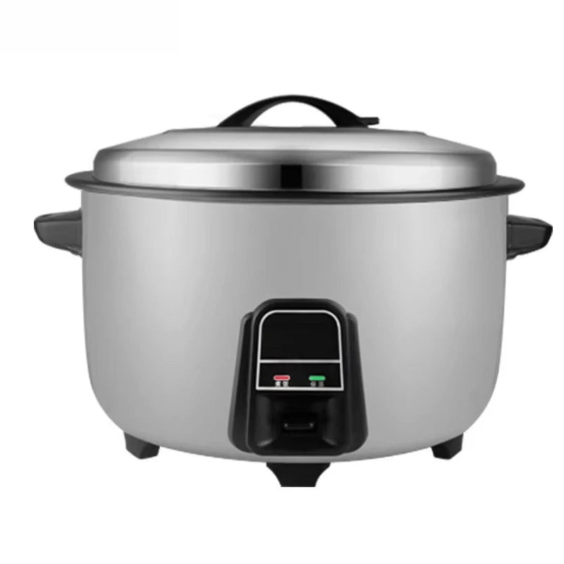 Commercial rice cooker with front control panel, black lid, white stainless body