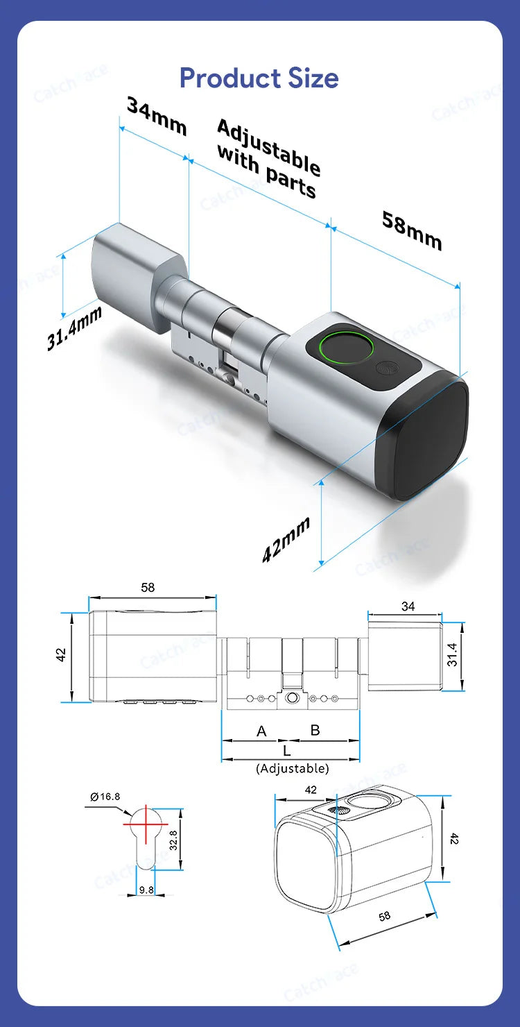 V1 Pro+ Version Adjustable TUYA or TTLock APP Fingerprint Password Digital RFID Card Cylinder Smart Door Lock for Home Hotel