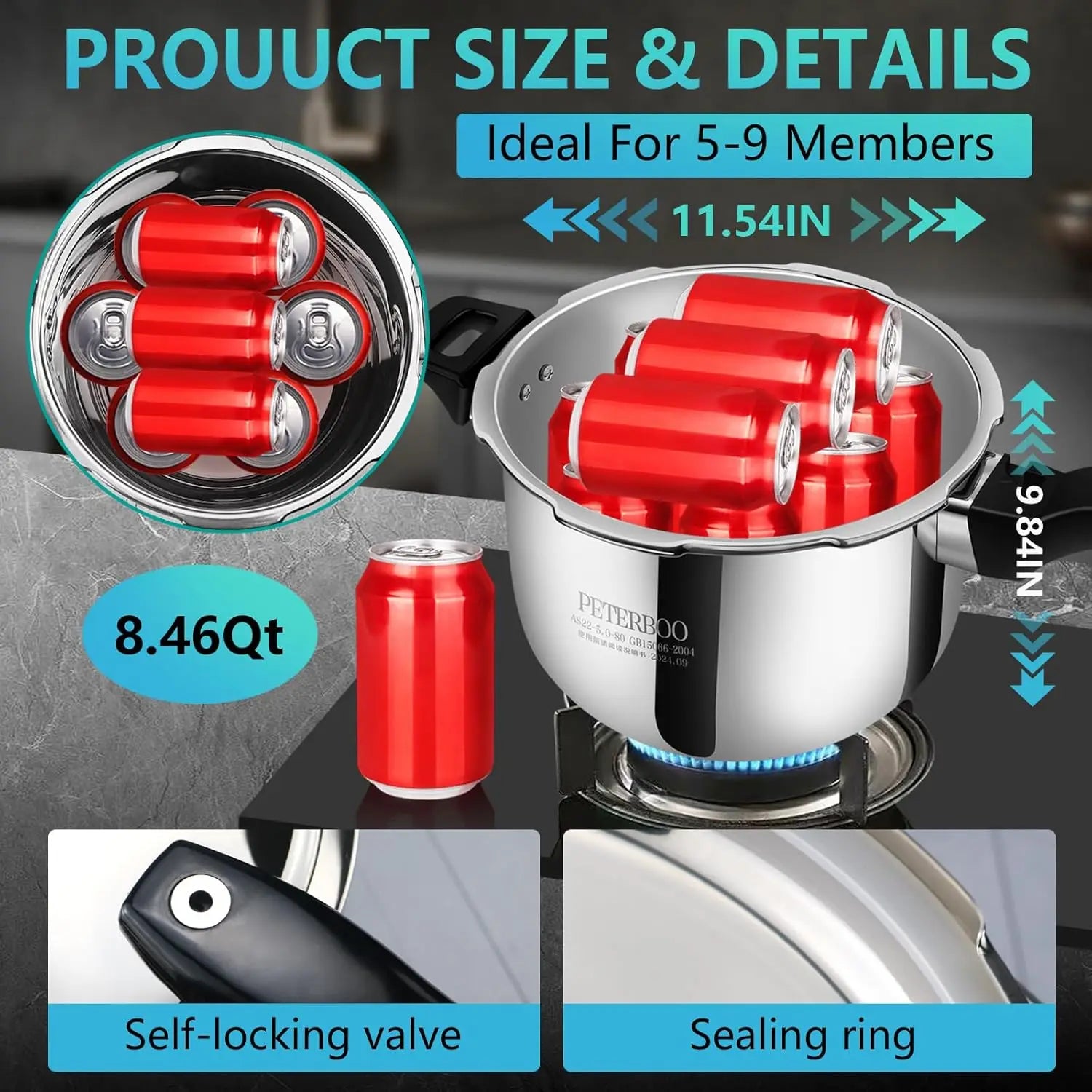 Stainless steel pressure cooker showing size and internal components with red cooking pot insert