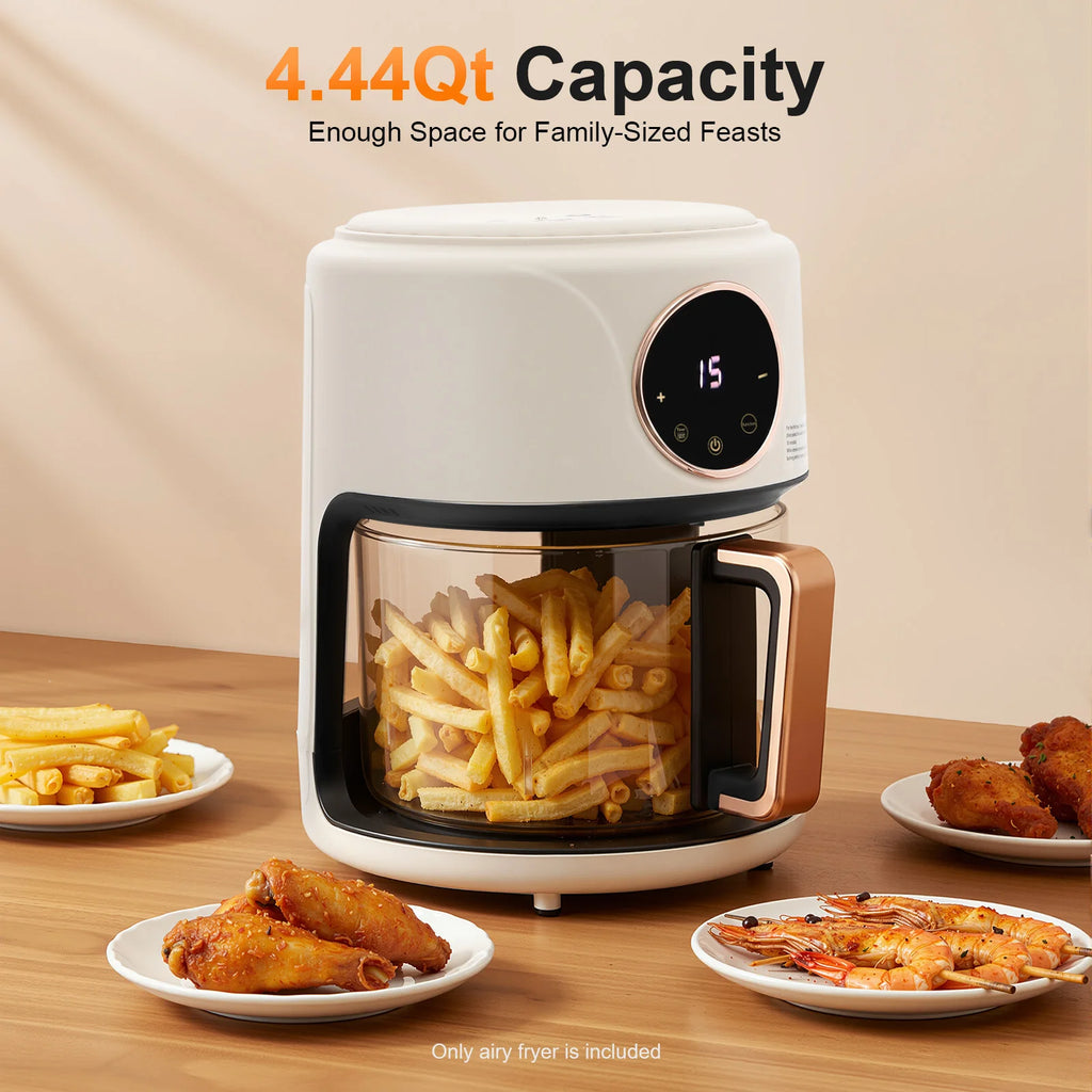 110V US Plug 4.44Qt Glass Air Fryer 1200W Touch Digital Display 8 Cooking Presets 176℉-392℉ Adjustable Temp Time Non-stick