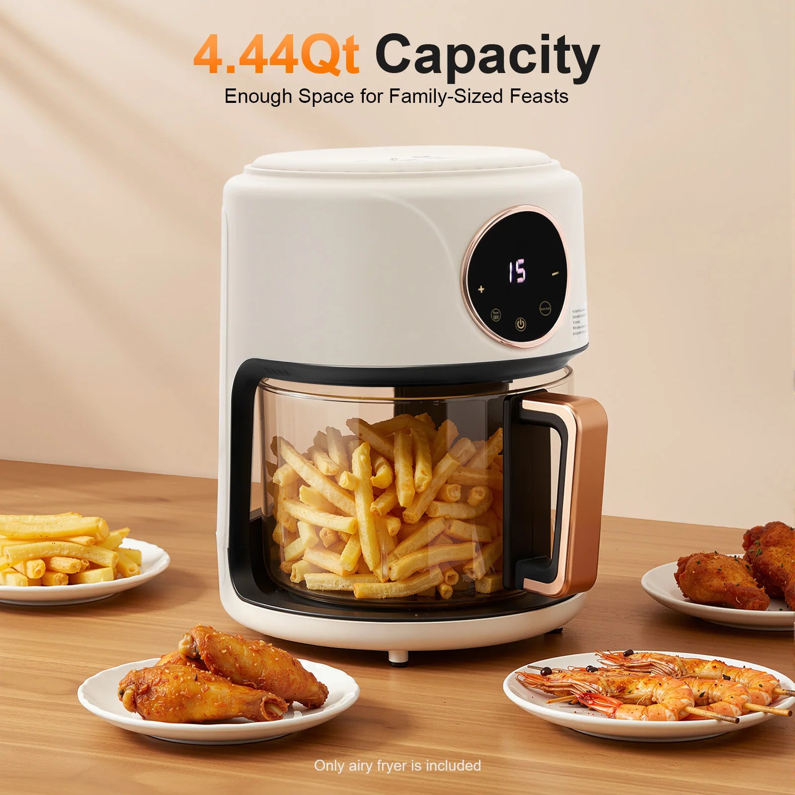 110V US Plug 4.44Qt Glass Air Fryer 1200W Touch Digital Display 8 Cooking Presets 176℉-392℉ Adjustable Temp Time Non-stick