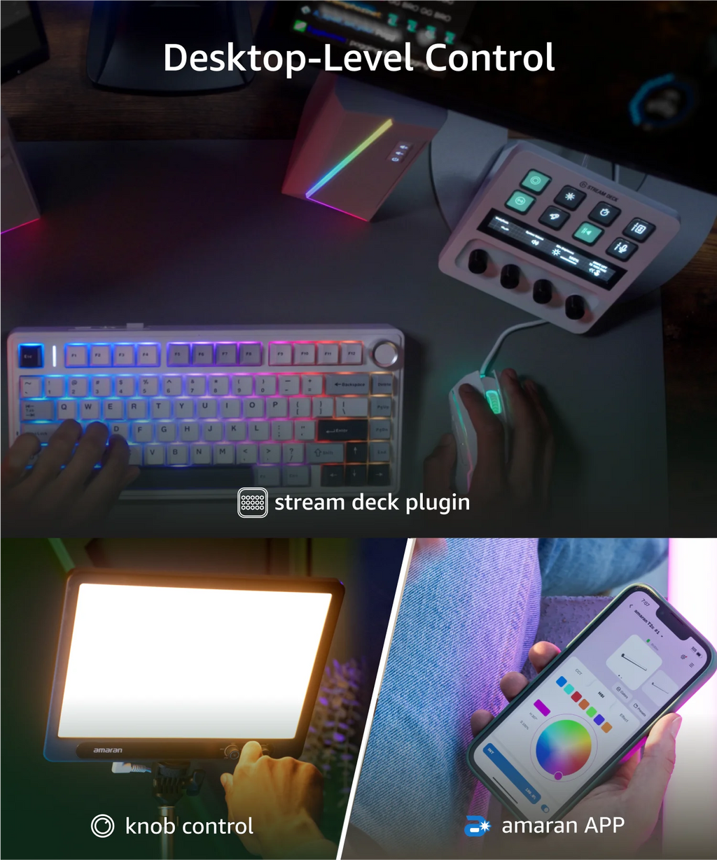 White mechanical keyboard, LED panel, and mobile app interface used to control studio lighting and desktop settings.
