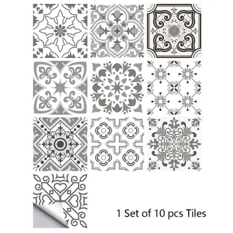Moroccan tile stickers, gray and white geometric floral mosaic, set of 10
