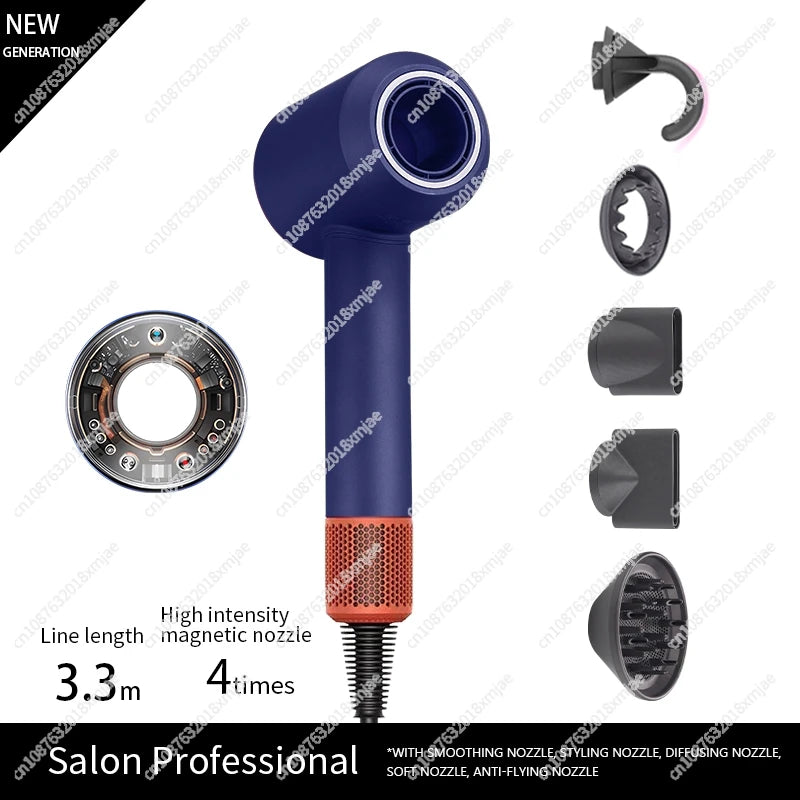Blue negative ion leafless hair dryer with 5 magnetic styling attachments for professional salon-quality hair care.