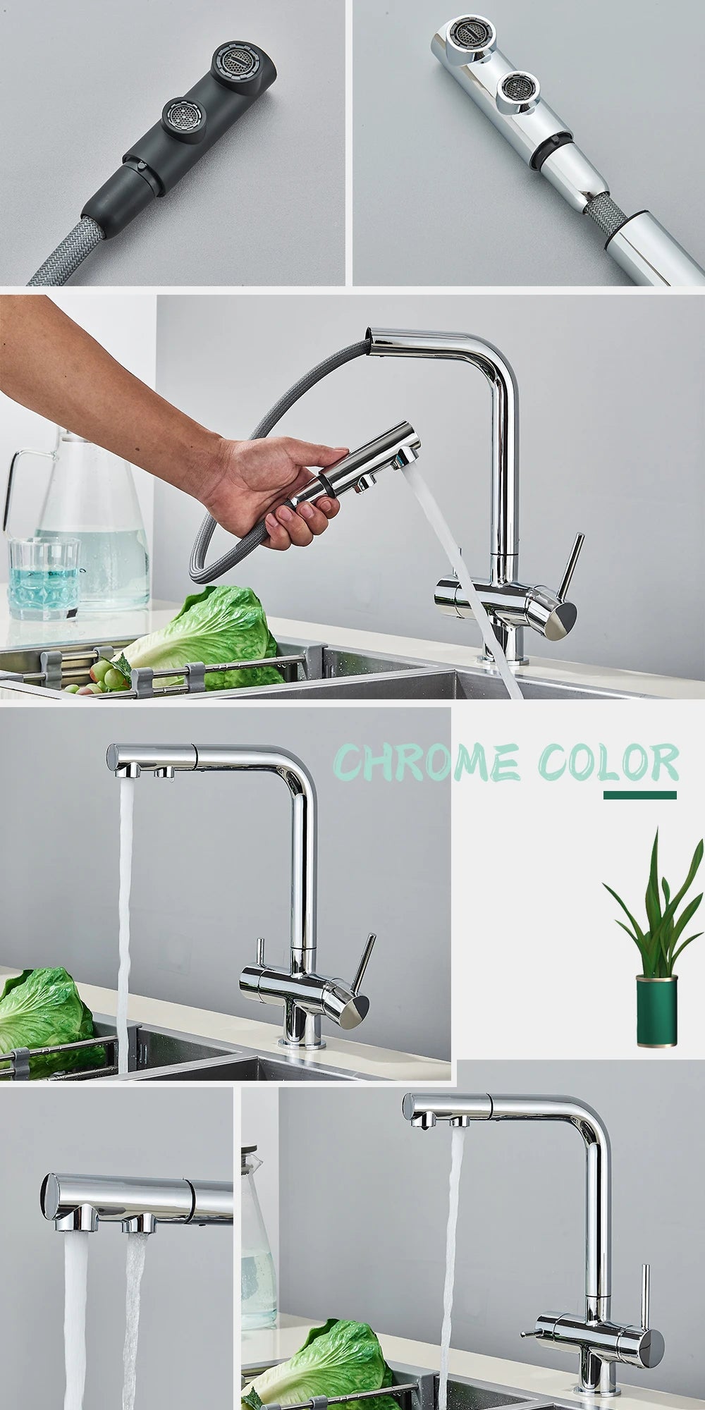 Black Water Purifier Kitchen Faucet 2 In 1 Pull Out Flexible Hot and Cold Water Mixer Tap with Filter Nozzle Faucets