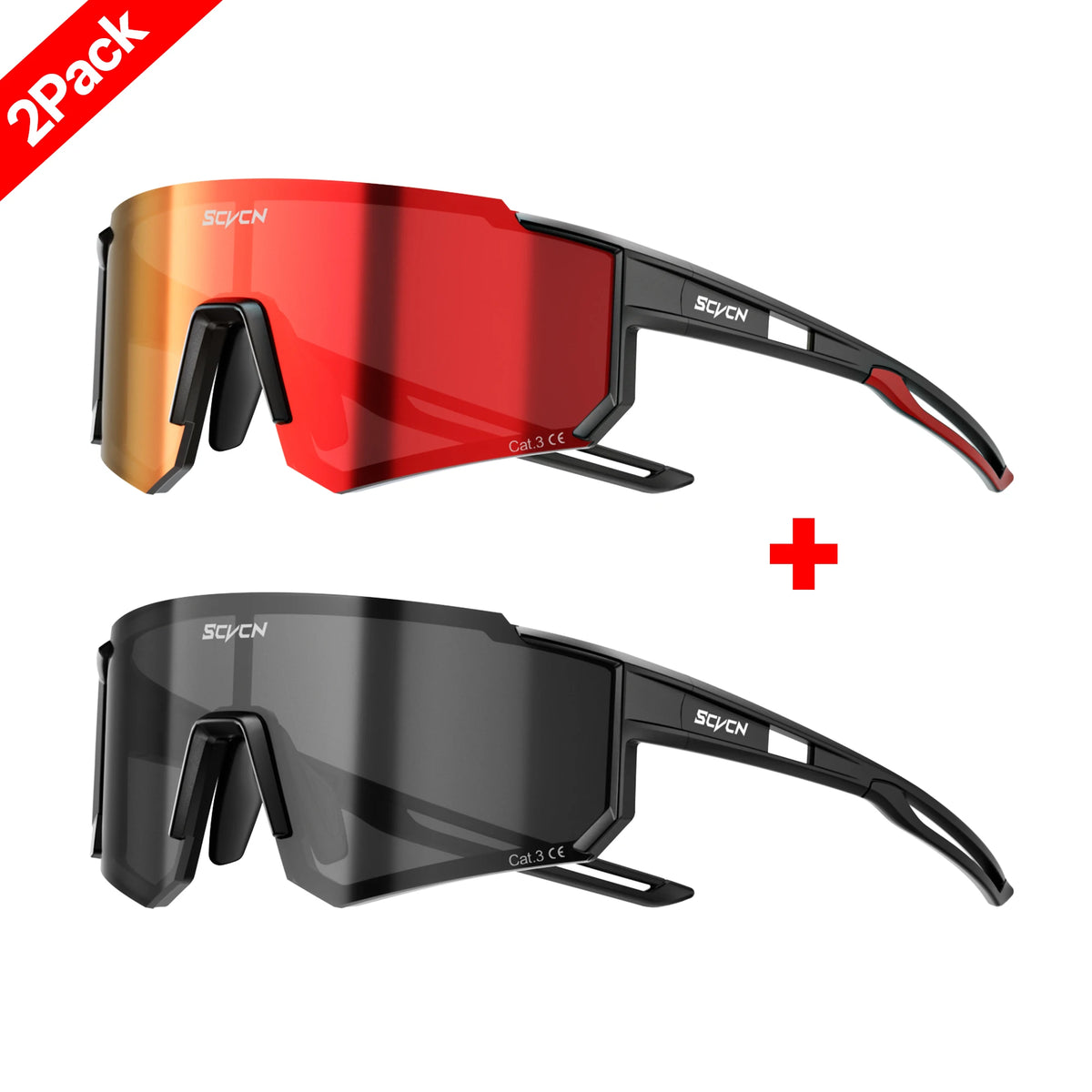 Cycling sunglasses 2-pack: red and dark smoke tinted lenses, black temples and side shields
