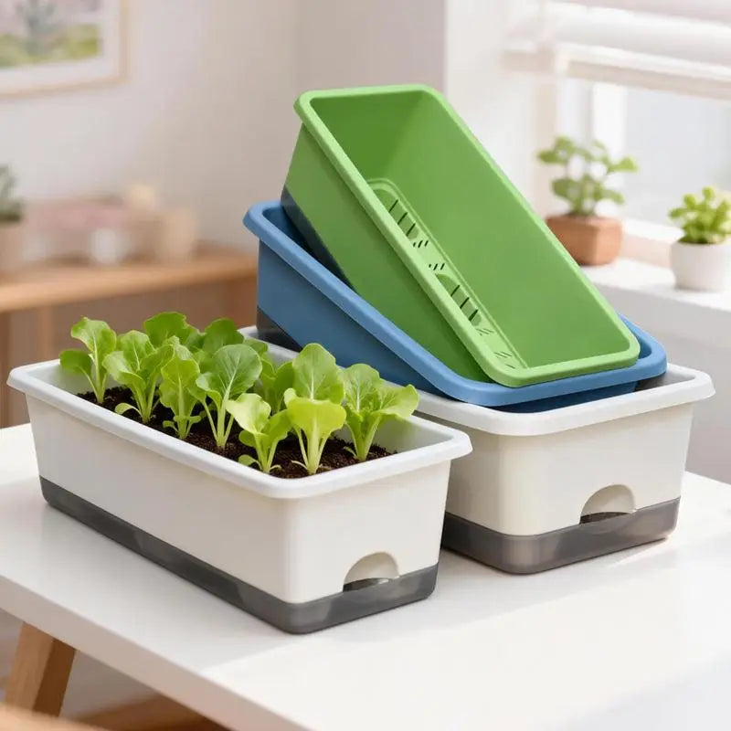 Two-piece self-watering planter set: white base with green top insert and drainage openings