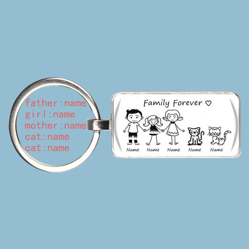 Personalized custom family and pet keychain with engraved characters, perfect as a unique custom gift for pet lovers.