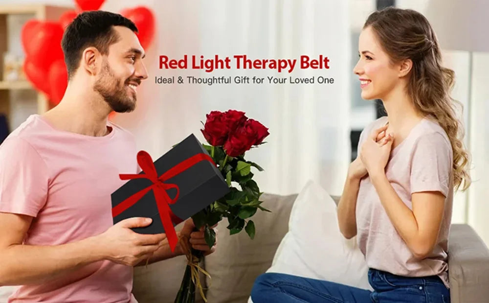 Man gifting red light therapy belt wrap in gift box to woman, infrared pain relief device for home use as a gift.