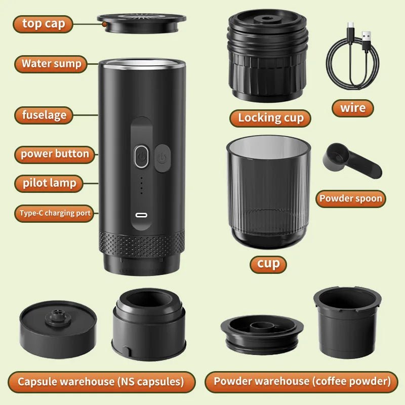 Black portable espresso coffee maker parts diagram with USB-C cable, capsule and powder chambers, and locking cup.