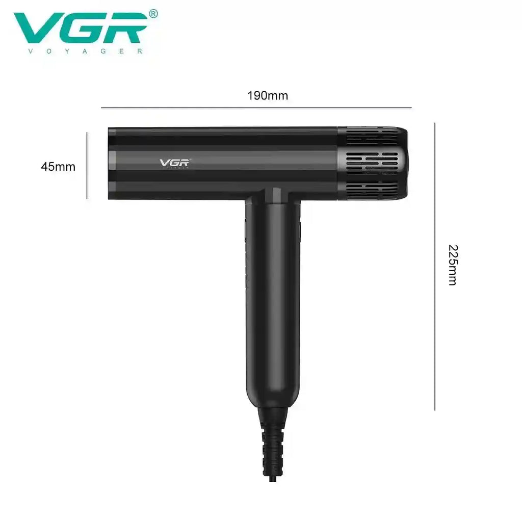 VGR V-427 professional black hair dryer with dimensions, high-speed brushless motor, and sleek ergonomic design.