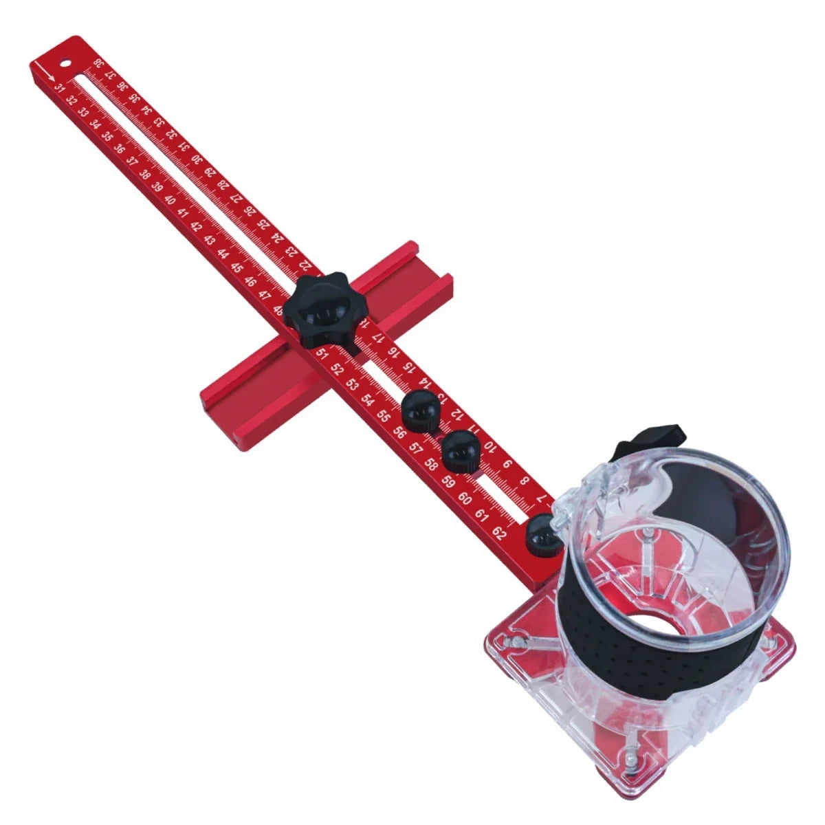 Router circle cutting jig with red rails and clear base for routing circles