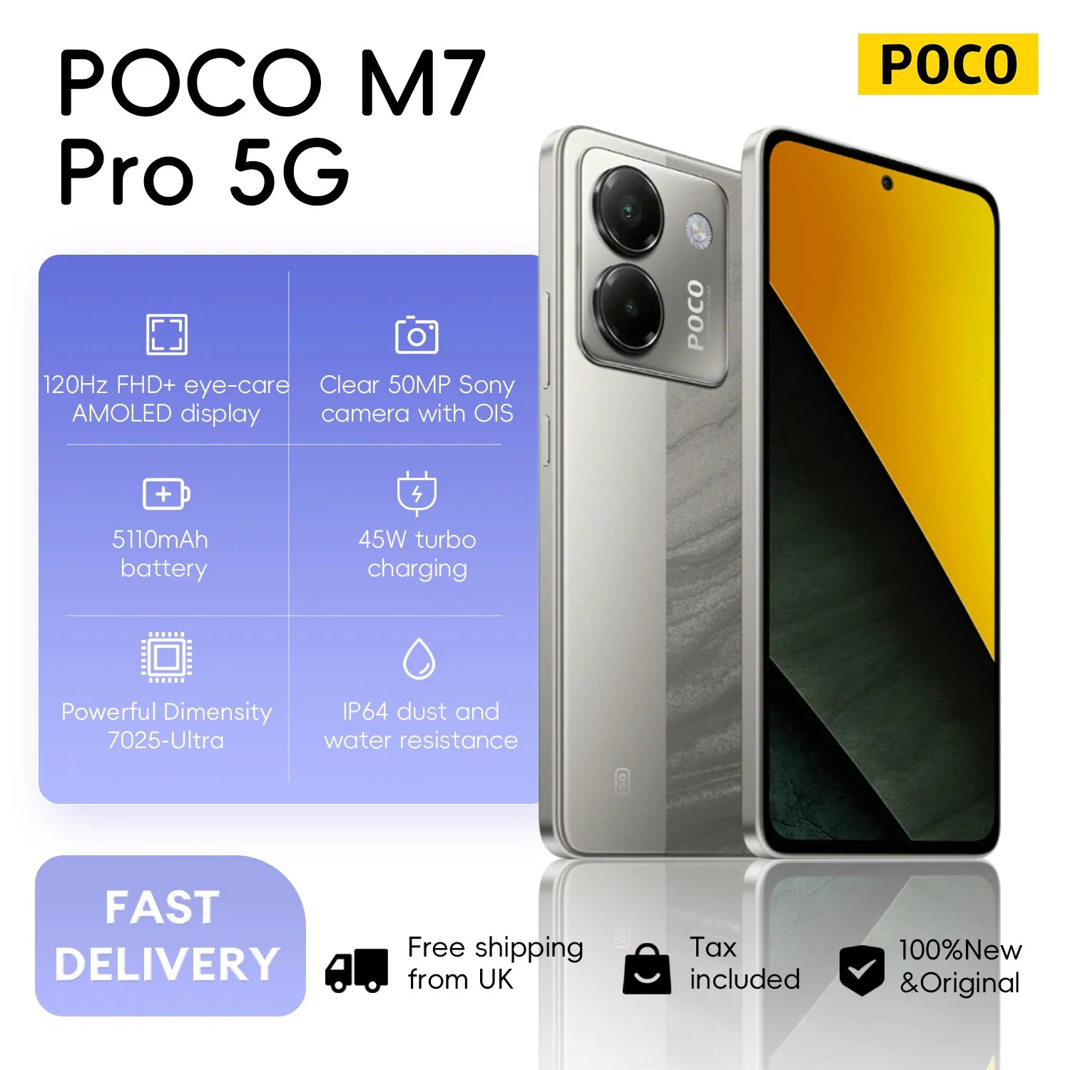 POCO M7 Pro 5g 12+256GB Global Version 120Hz AMOLED Display 50MP AI Dual Camera with OIS 5110mAh Battery 45W Turbo Charging NFC