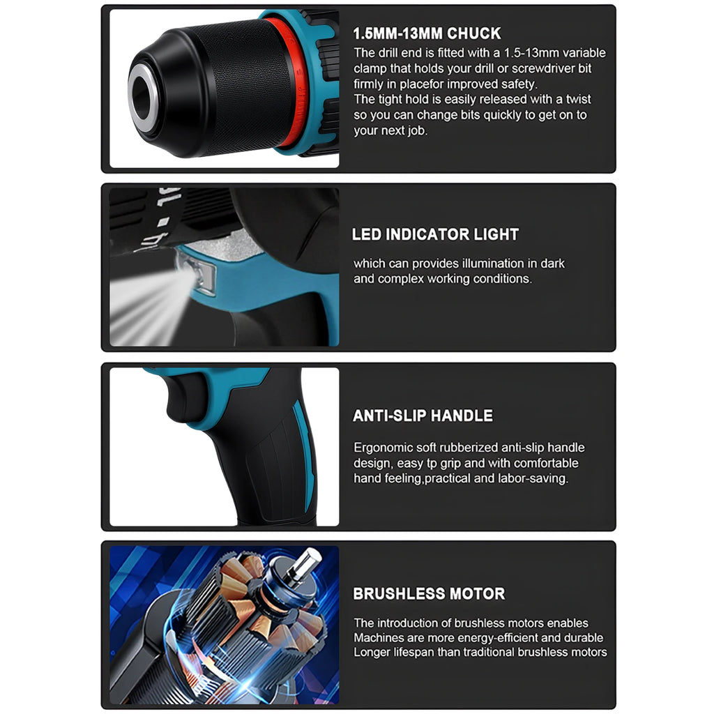 Podofo Brushless Electric Screwdriver Cordless Impact Drill Multi Function Power Drill 3 In 1 Hammer Drill Screwdriver Flat Drill 20+3 Torque For Steel Wood Concrete Drilling