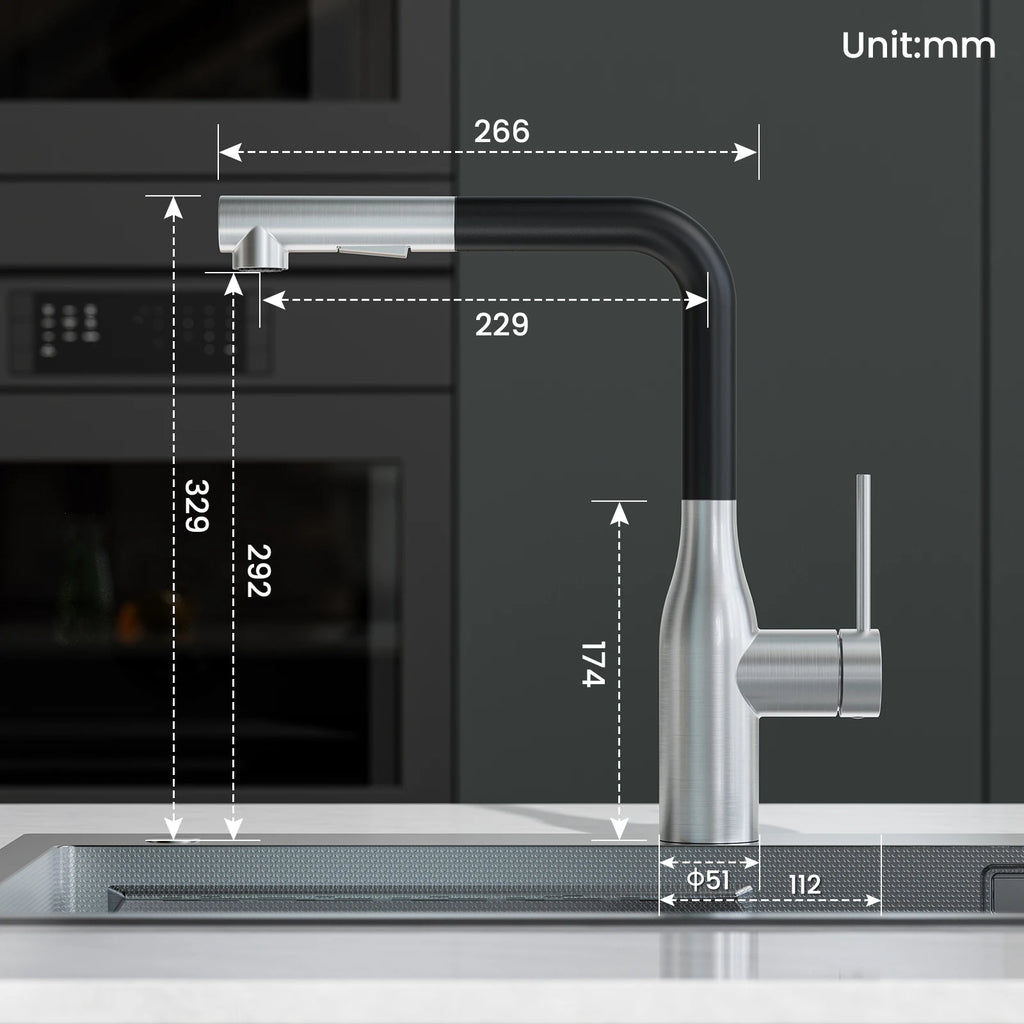 Kitchen Mixer, Kitchen Faucet with Pull-Down Spray Head, 360° Rotatable 2-Jet Sink Mixer, 2 Spray Modes, Brushed SUS304 and Black