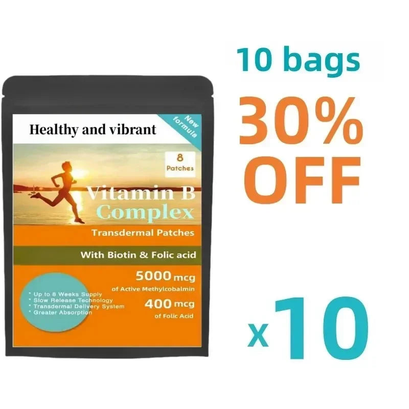 Vitamin B Complex Patches 8 Week Supply, Contains All 8 B Vitamins In Vitamins B1, B2, B3, B5, B6, B12, Biotin & Folic Acid