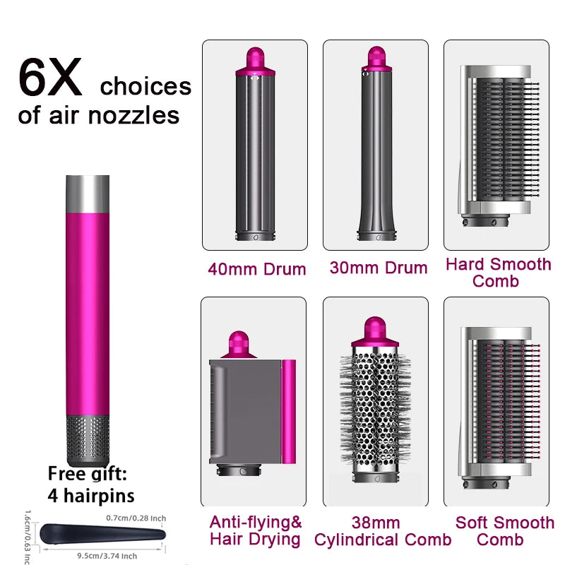 SenCiciMen 6-in-1 hot air brush set with pink handle, 6 styling attachments, and 4 free hairpins for professional use.